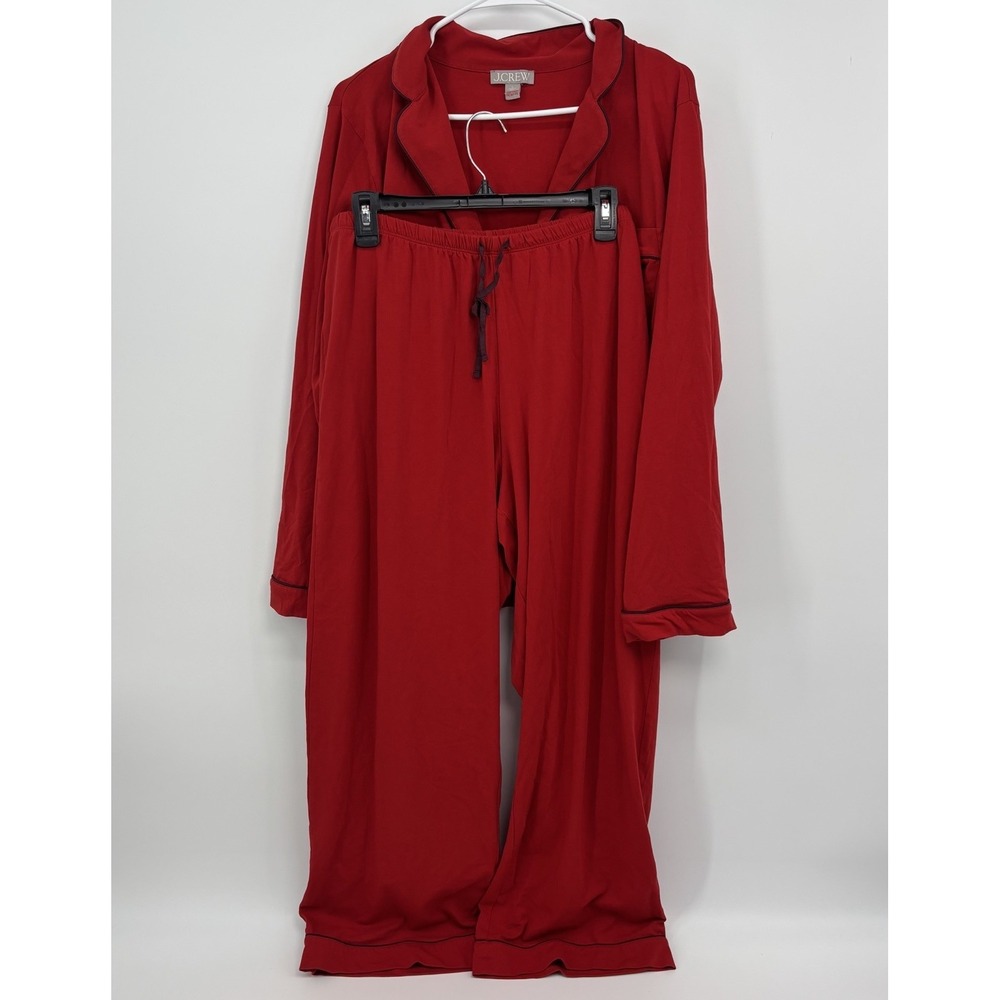 J Crew Dreamy Cotton Blend Pajama Pant Set Women's Large Red Long Sleeves